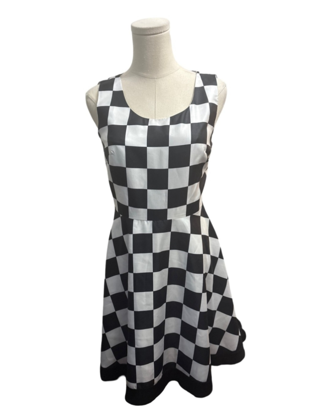 Checkerboard Sleeveless SILK A-Line Dress - Black & White - size S